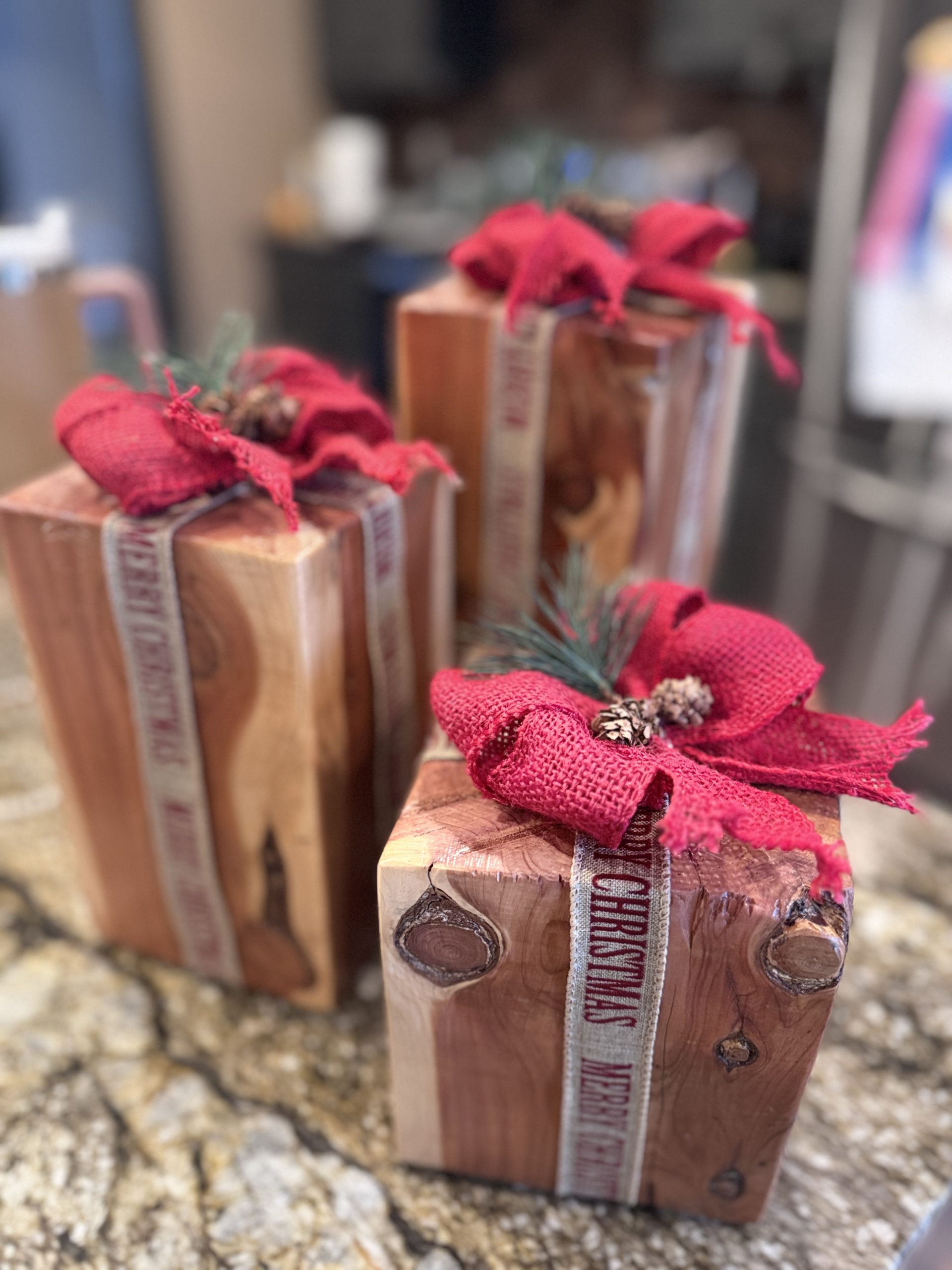 Cedar decorative Christmas presents
